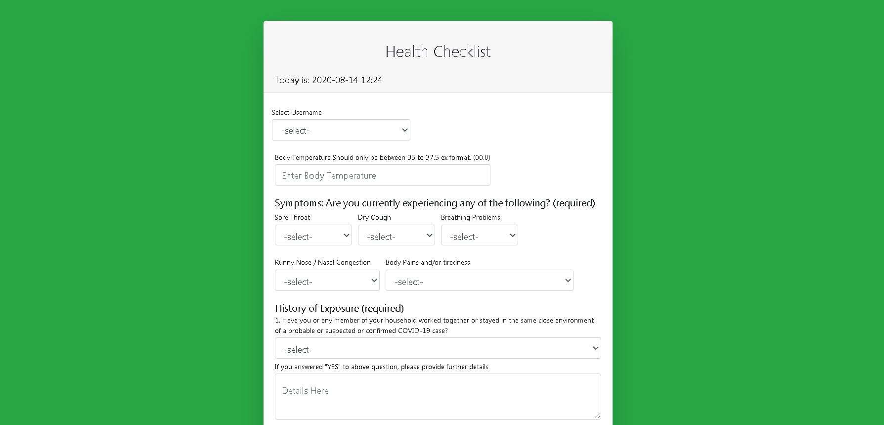 Team Members Health Checklist